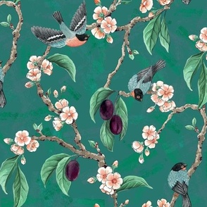 Plum Tree with Blossoms and BullFinch in Forest Teal