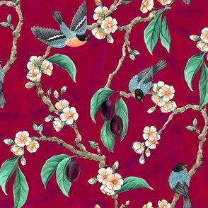 Plum Tree with Blossoms and BullFinch in Jammy Plum