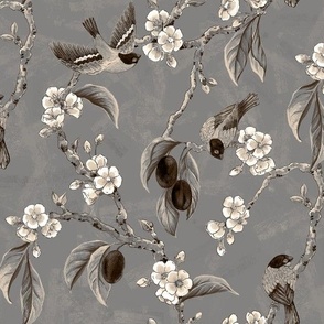 Plum Tree with Blossoms and BullFinch in Silver Neutral