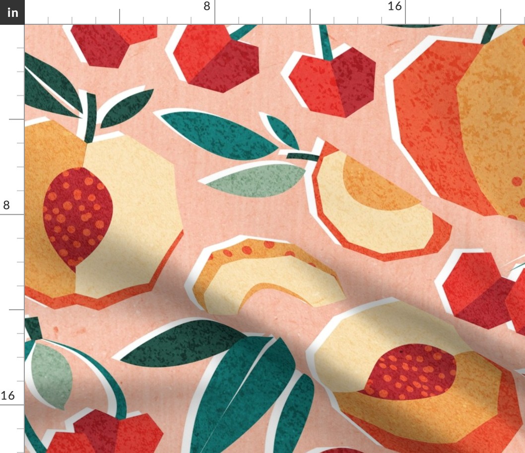 Large jumbo scale // Sweet as a peach pretty as a cherry // rose background geometric paper cut peaches and cherries