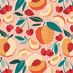 Small scale // Sweet as a peach pretty as a cherry // rose background geometric paper cut peaches and cherries