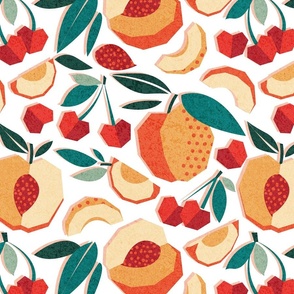 Normal scale // Sweet as a peach pretty as a cherry // white background geometric paper cut peaches and cherries