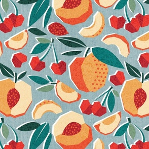 Normal scale // Sweet as a peach pretty as a cherry // duck egg blue background geometric paper cut peaches and cherries