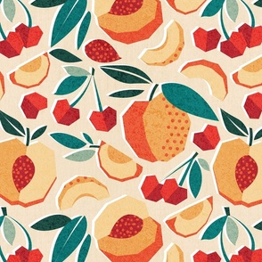 Normal scale // Sweet as a peach pretty as a cherry // ivory background geometric paper cut peaches and cherries
