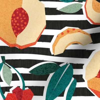 Normal scale // Sweet as a peach pretty as a cherry // black and white stripes background geometric paper cut peaches and cherries