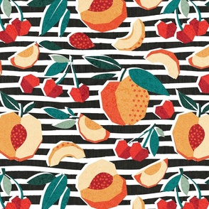 Normal scale // Sweet as a peach pretty as a cherry // black and white stripes background geometric paper cut peaches and cherries