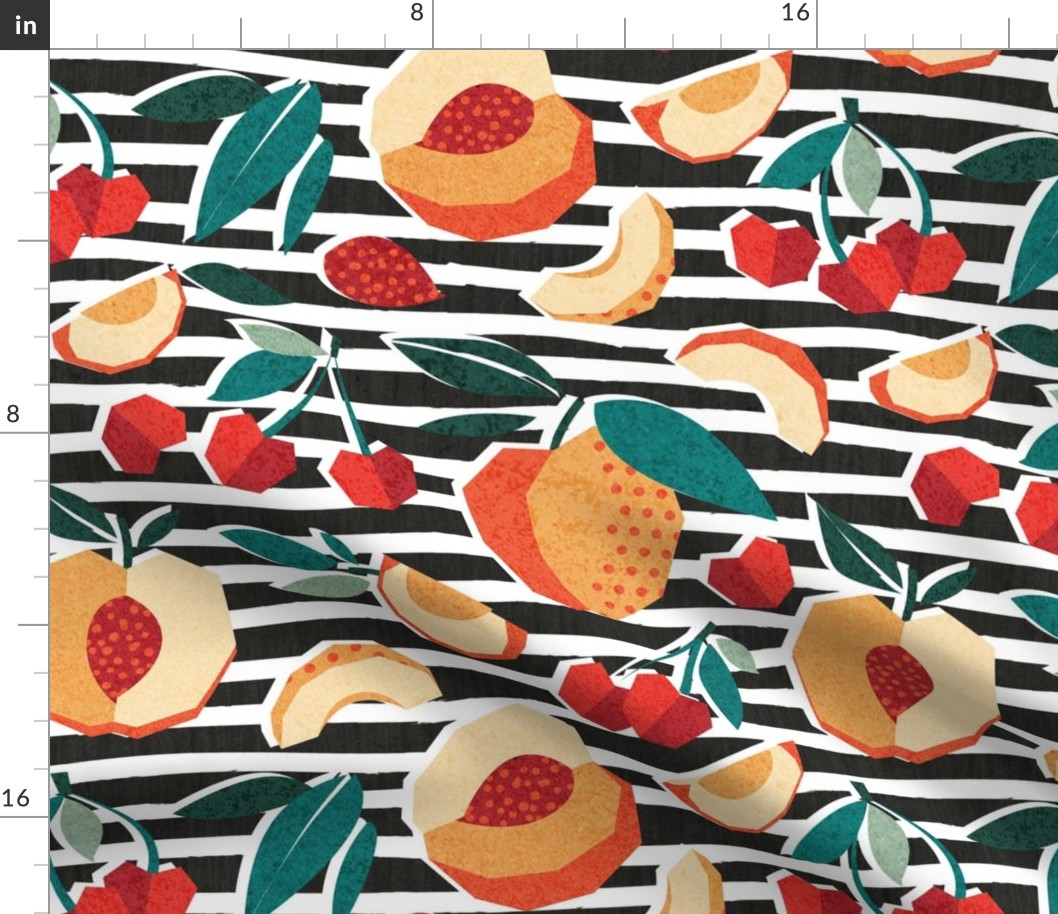 Normal scale // Sweet as a peach pretty as a cherry // black and white stripes background geometric paper cut peaches and cherries