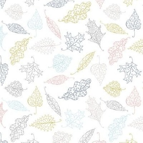 swirling leaves -  navy, coral, bronze, light blue and grey on white