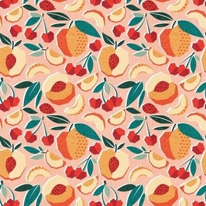 Tiny scale // Sweet as a peach pretty as a cherry // rose background geometric paper cut peaches and cherries