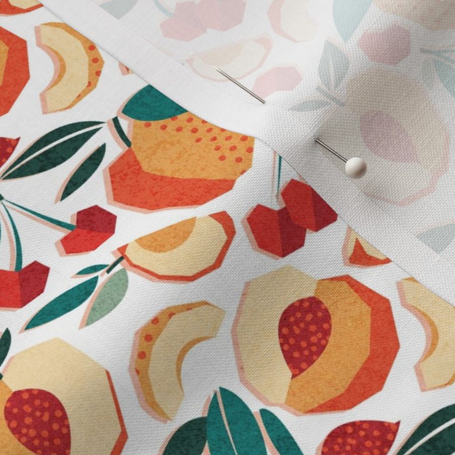 Tiny scale // Sweet as a peach pretty as a cherry // white background geometric paper cut peaches and cherries