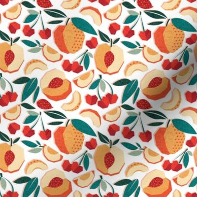 Tiny scale // Sweet as a peach pretty as a cherry // white background geometric paper cut peaches and cherries