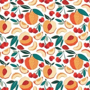 Tiny scale // Sweet as a peach pretty as a cherry // white background geometric paper cut peaches and cherries