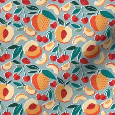 Tiny scale // Sweet as a peach pretty as a cherry // duck egg blue background geometric paper cut peaches and cherries