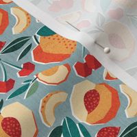 Tiny scale // Sweet as a peach pretty as a cherry // duck egg blue background geometric paper cut peaches and cherries