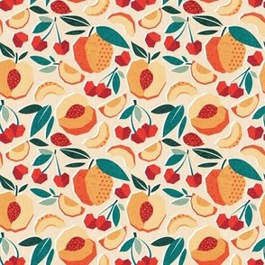 Tiny scale // Sweet as a peach pretty as a cherry // ivory background geometric paper cut peaches and cherries
