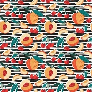 Tiny scale // Sweet as a peach pretty as a cherry // black and white stripes background geometric paper cut peaches and cherries
