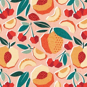 Normal scale // Sweet as a peach pretty as a cherry // rose background geometric paper cut peaches and cherries