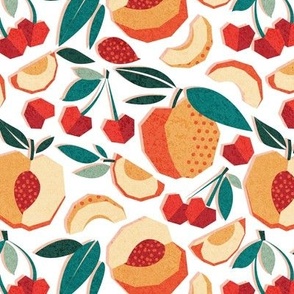 Small scale // Sweet as a peach pretty as a cherry // white background geometric paper cut peaches and cherries
