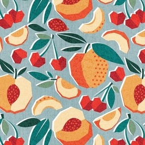 Small scale // Sweet as a peach pretty as a cherry // duck egg blue background geometric paper cut peaches and cherries