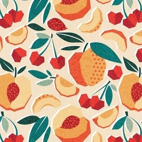 Small scale // Sweet as a peach pretty as a cherry // ivory background geometric paper cut peaches and cherries
