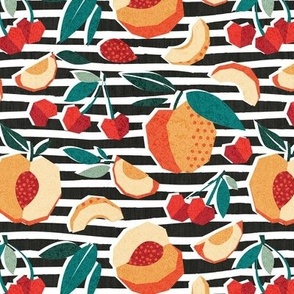 Small scale // Sweet as a peach pretty as a cherry // black and white stripes background geometric paper cut peaches and cherries