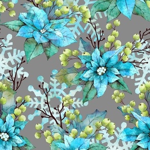 Blue Christmas Poinsettia - Gray Large Scale