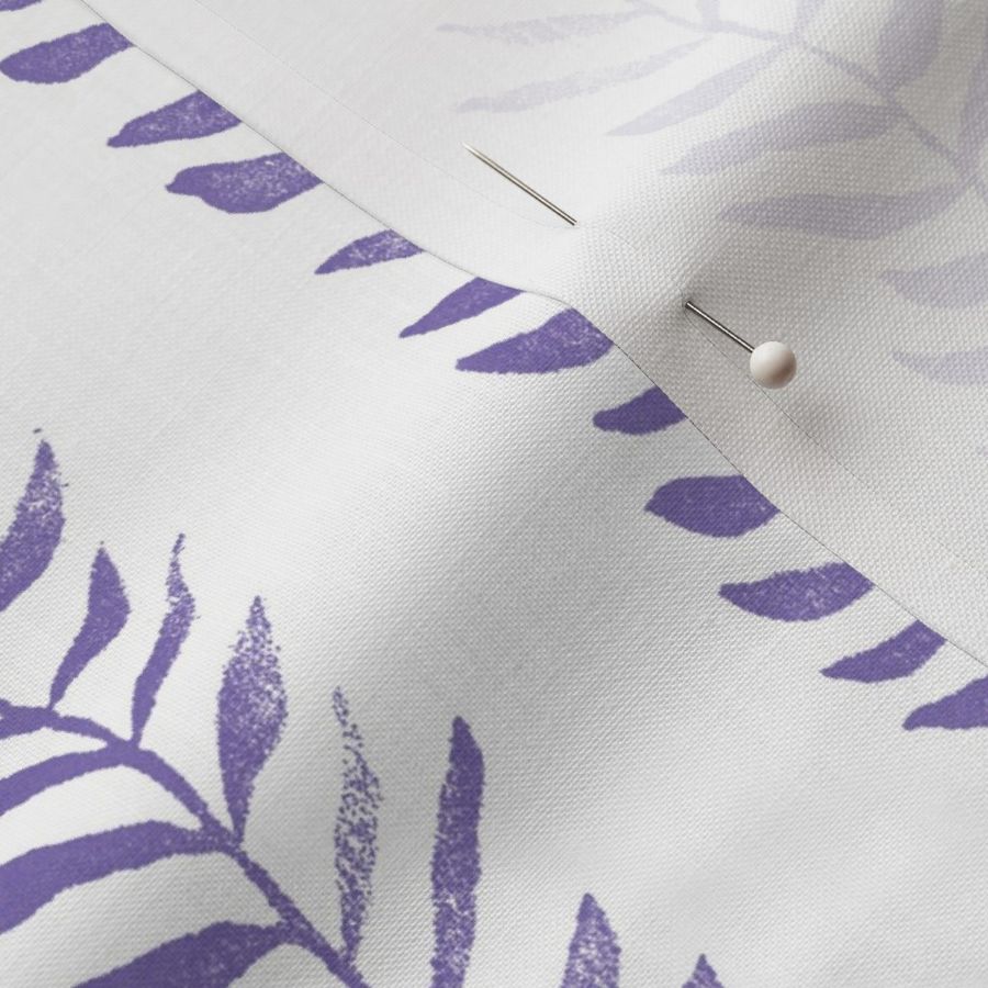 Botanical Block Print in Blackberry on White (large scale) | Leaf pattern fabric in royal purple from original plant block print, blackberry wine, berry fabric in rich purple and white.