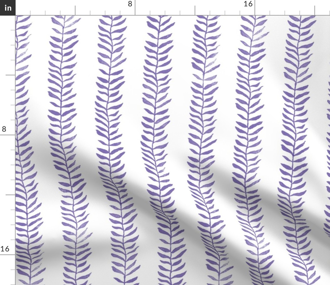 Botanical Block Print in Blackberry on White (large scale) | Leaf pattern fabric in royal purple from original plant block print, blackberry wine, berry fabric in rich purple and white.