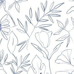 Indigo tropical botanical hand drawn leaves and flowers - painted blue nature - contour pen monochrome - a412 - 7