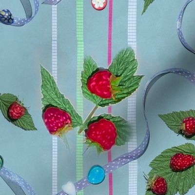 22x8-Inch Repeat of Raspberries and Ribbons on Powdery Blue Background