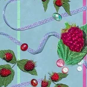 22x8-Inch Repeat of Raspberries and Ribbons on Powdery Blue Background