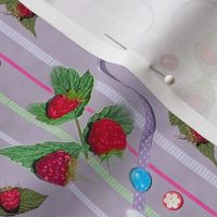 Red Raspberries and Ribbons on Lavender Background