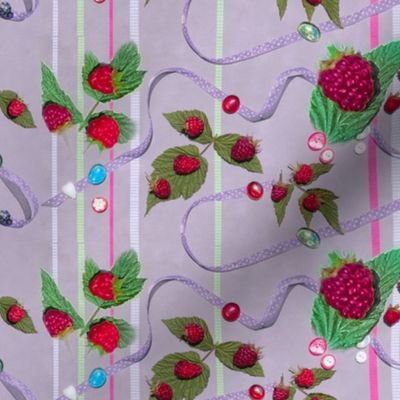 11x4-Inch Repeat of Red Raspberries and Ribbons on Lavender Background