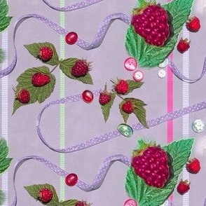 Red Raspberries and Ribbons on Lavender Background