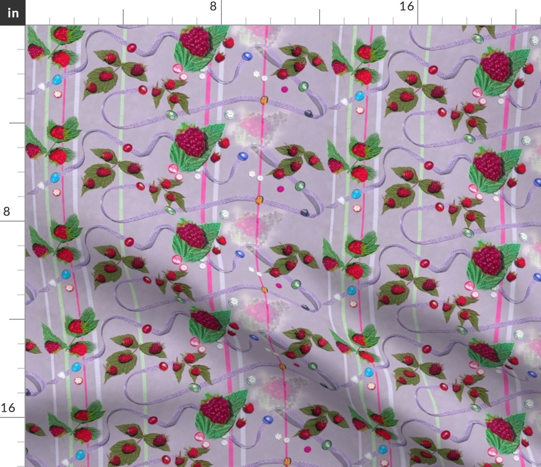 Red Raspberries and Ribbons on Lavender Background