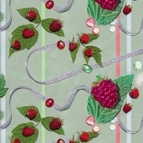 Red Raspberries and Ribbons on Willowy Sage Background