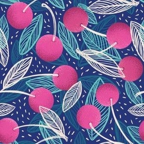 Leafy Pink Cherries on Blue | Tossed | small 