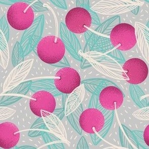 Leafy Pink Cherries on Light Grey | Tossed | Small
