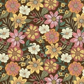 Vintage Floral Dahlias on Brown (Small Scale)