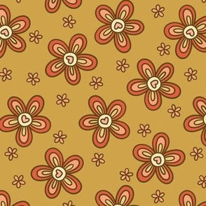Retro Heart Floral on Golden Brown (Large Scale)