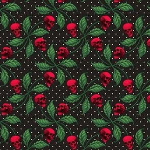 ★ ROCKABILLY CHERRY SKULL AND POLKA DOTS ★ Red + Classic Green - Small Scale / Collection : Cherry Skull - Rock 'n' Roll Old School Tattoo Prints 