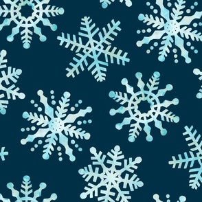 Watercolor Snowflakes - Dark Blue Large Scale