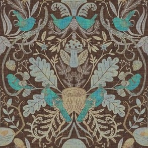 Birds in Thicket - Woodland Damask - Brown and Robin's Egg Blue - small repeat