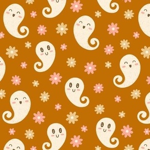 Cute Ghosts & Flowers on Orange (Small Scale)
