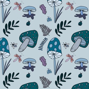 Mushrooms / Woodland forest theme kids room baby nursery fairy tale decor pattern blue green boy girl