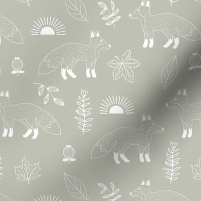 Wild fall foxes leaves and woodland garden kids design mist green white  