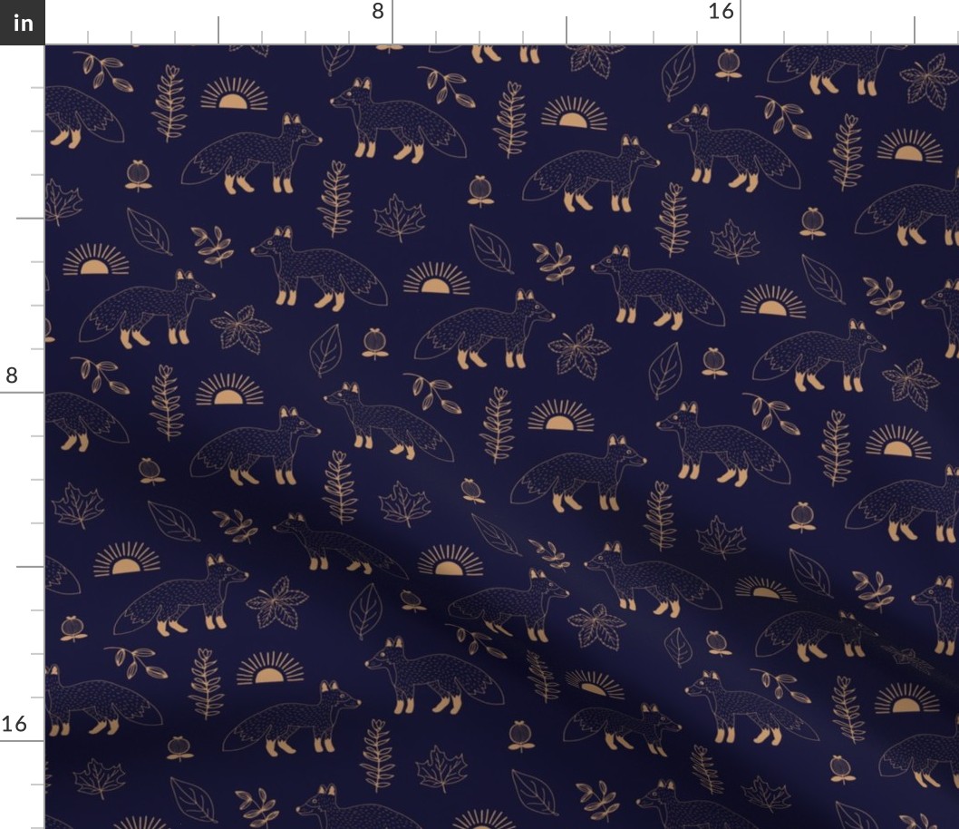 Wild fall foxes leaves and woodland garden kids design gold navy blue 