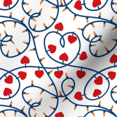 Small scale // Festive lights coordinate // white background classic blue heart shaped thread vivid red and orange illumination ornaments