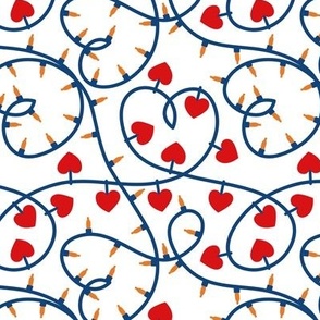 Small scale // Festive lights coordinate // white background classic blue heart shaped thread vivid red and orange illumination ornaments
