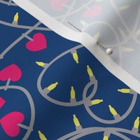 Small scale // Festive lights coordinate // classic blue background grey heart shaped thread fuchsia pink and yellow illumination ornaments